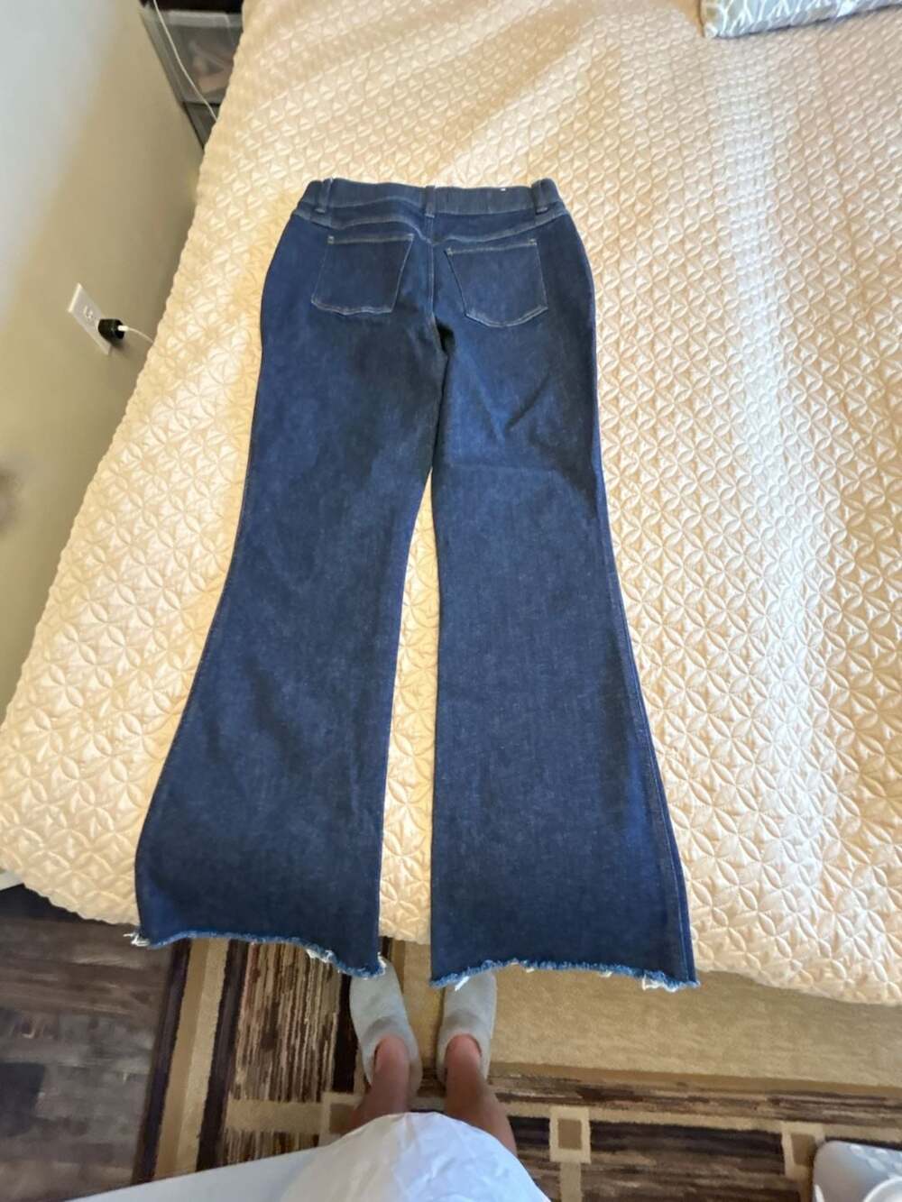 Spanx Flare Jeans Size L Dark Wash Raw Hem